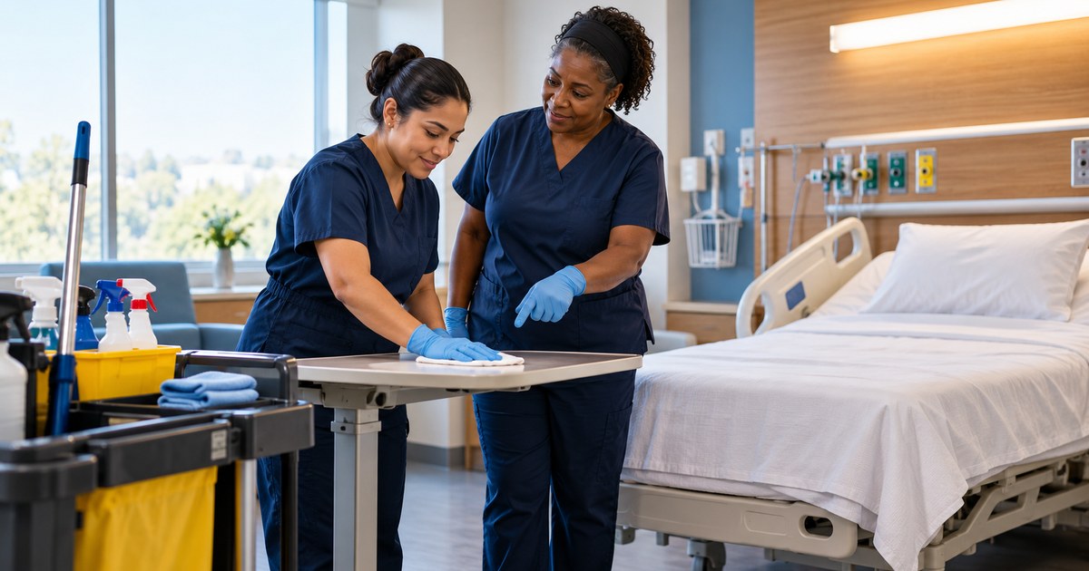 Environmental services colleagues practicing cleaning in a hospital room
