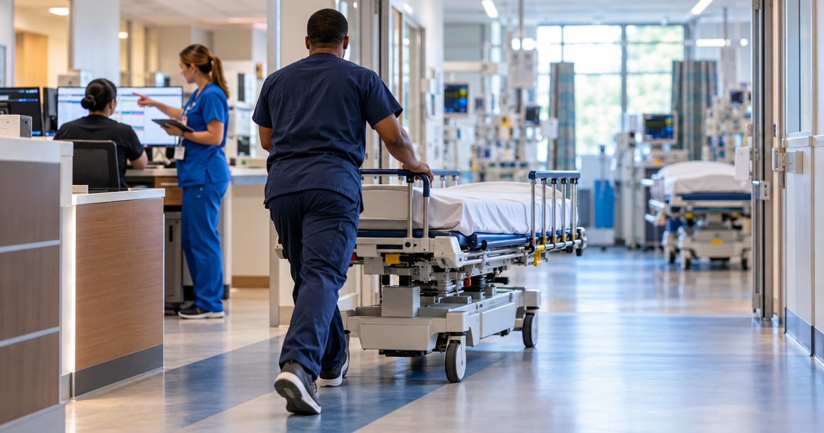 Transport professional moving an empty stretcher through a hospital corridor