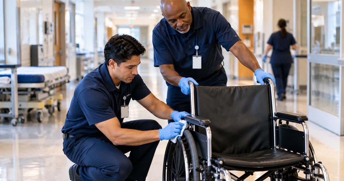 Two hospital transport professionals preparing a wheelchair during hands-on training