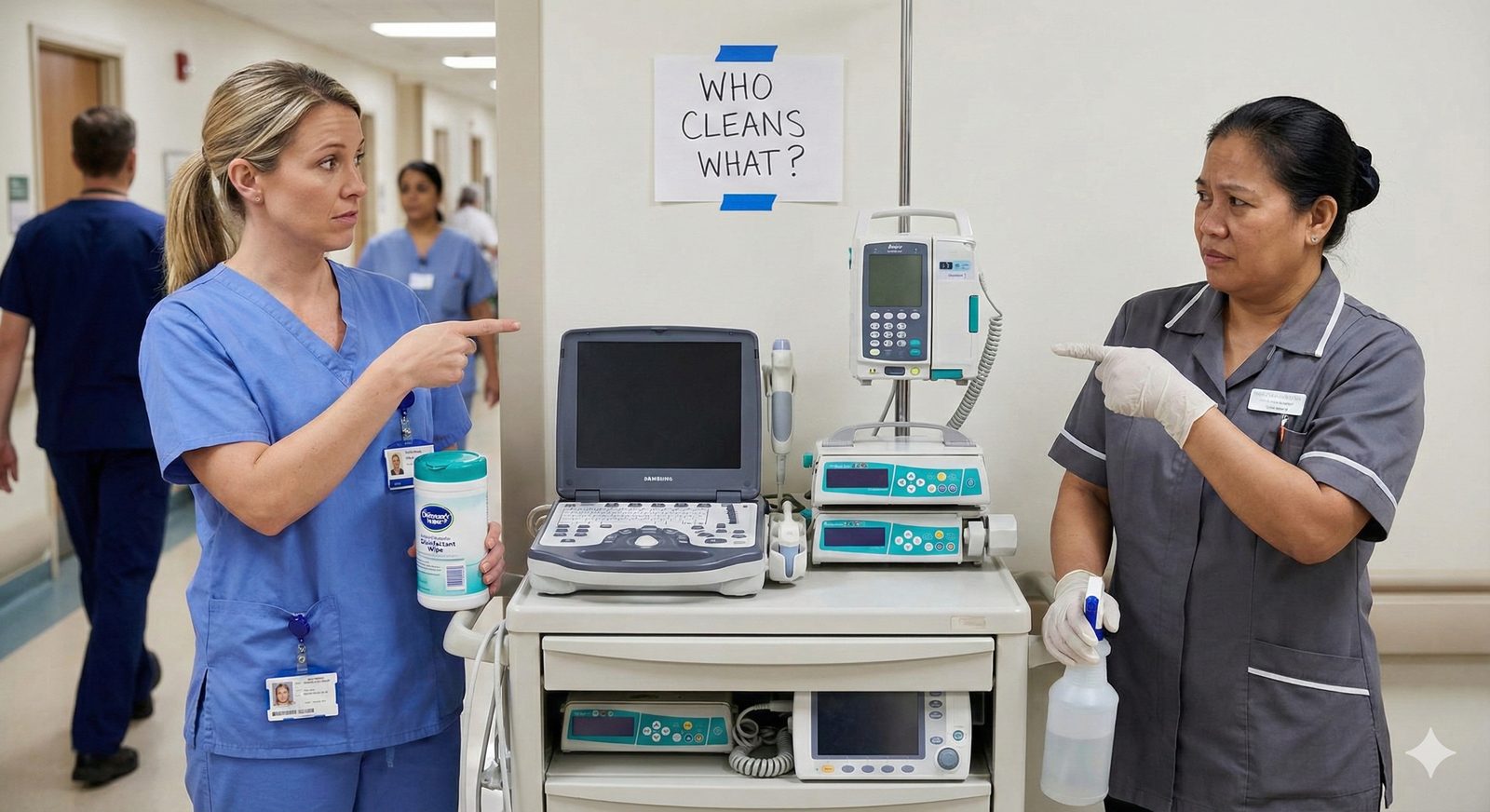 A nurse and an environmental services worker discussing who cleans a piece of shared equipment (AI-generated image)